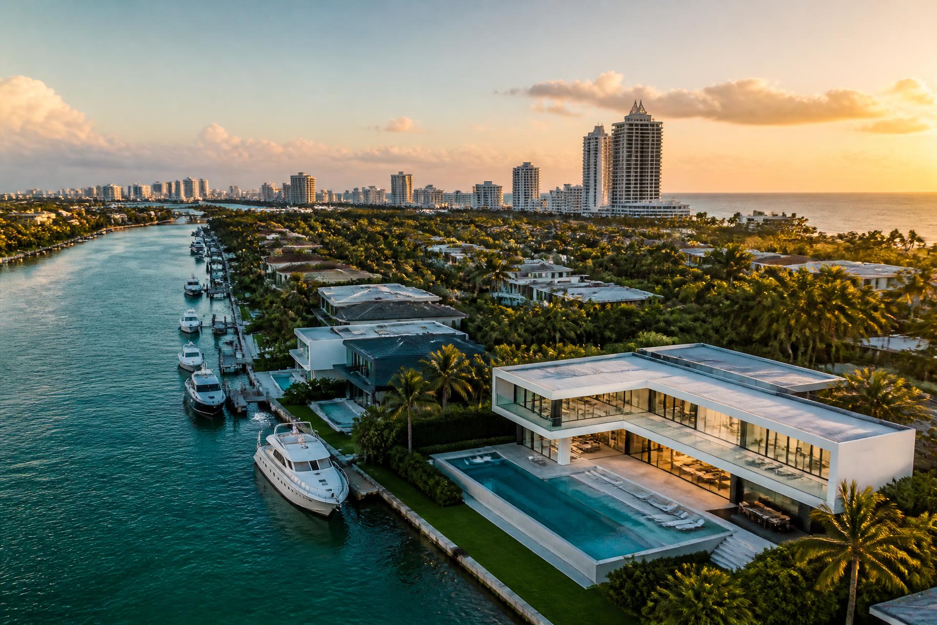 Aerial view of Miami waterfront luxury estates at golden hour